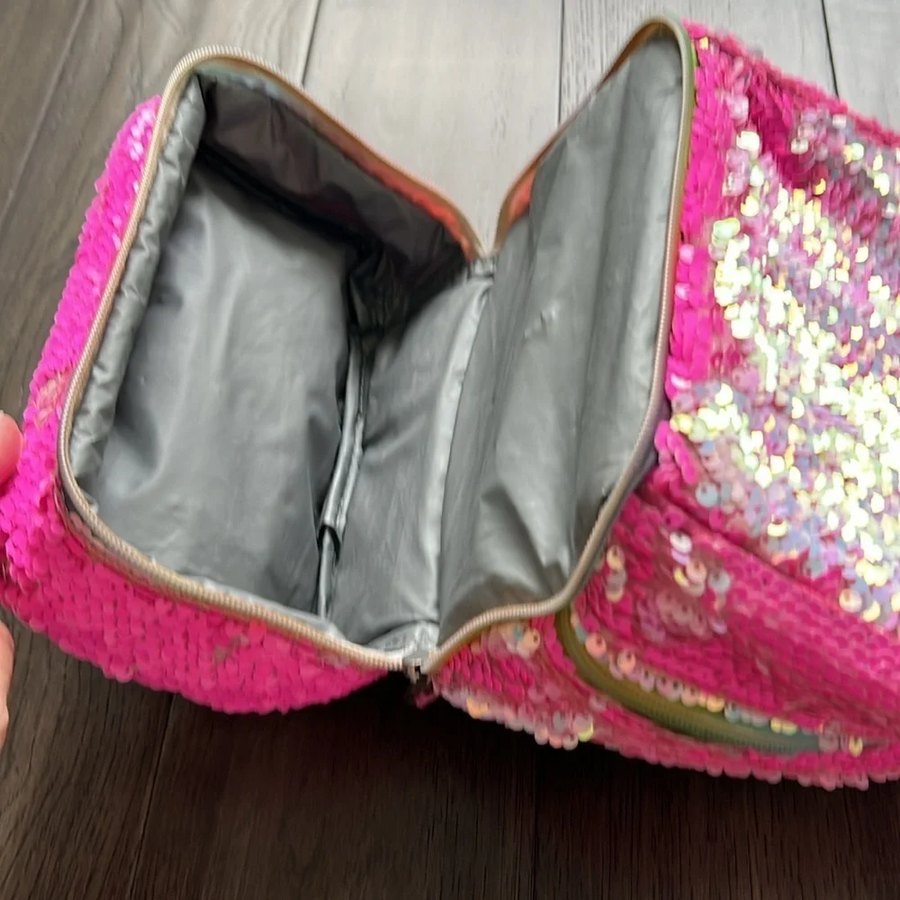 Reversible Sequin iridescent lunchbox with rainbow zipper
